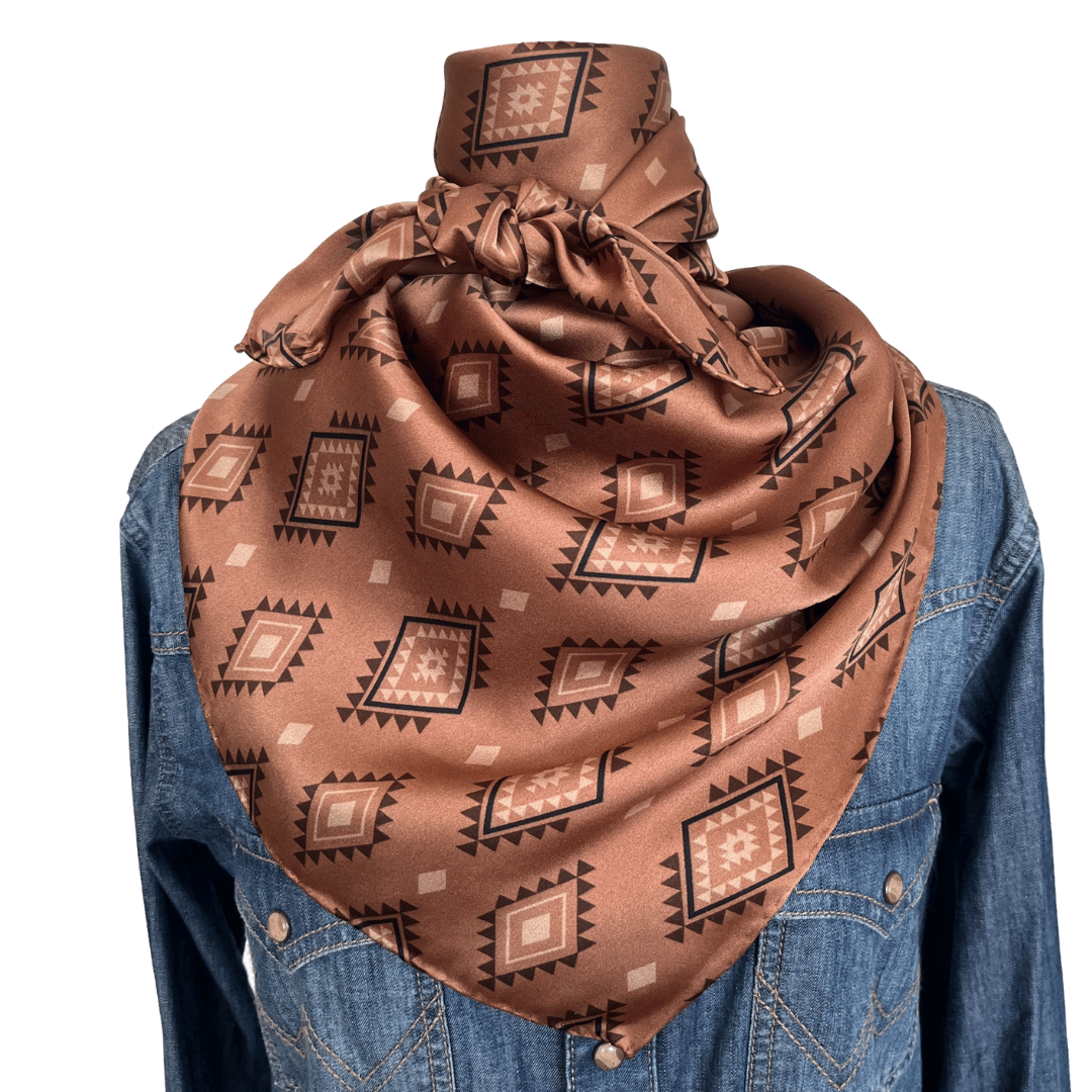 Silk Wild Rag Western Scarf brown aztec print tied in a cowboy scarf