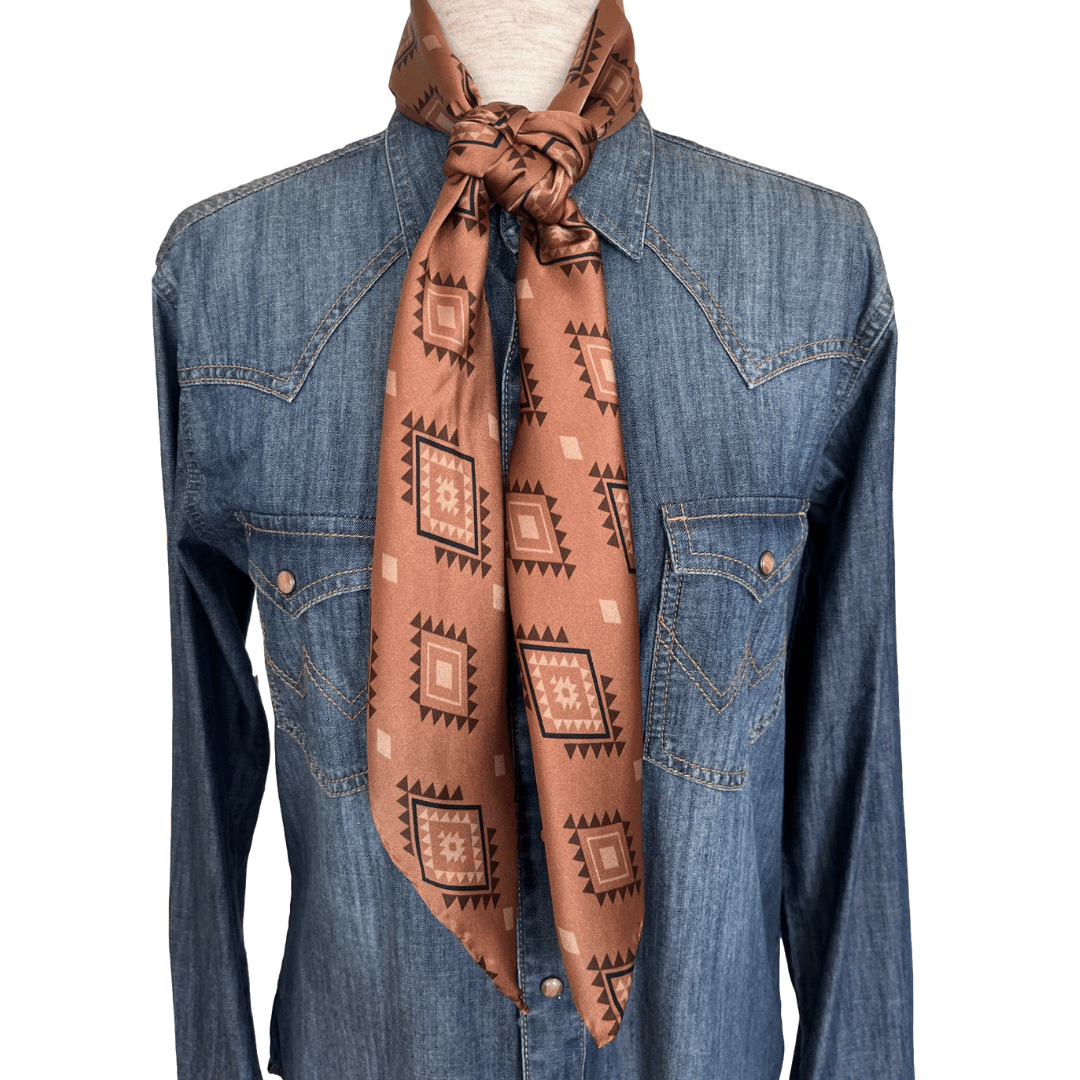 Silk Wild Rag Western Scarf brown aztec print tied in a buckaroo knot