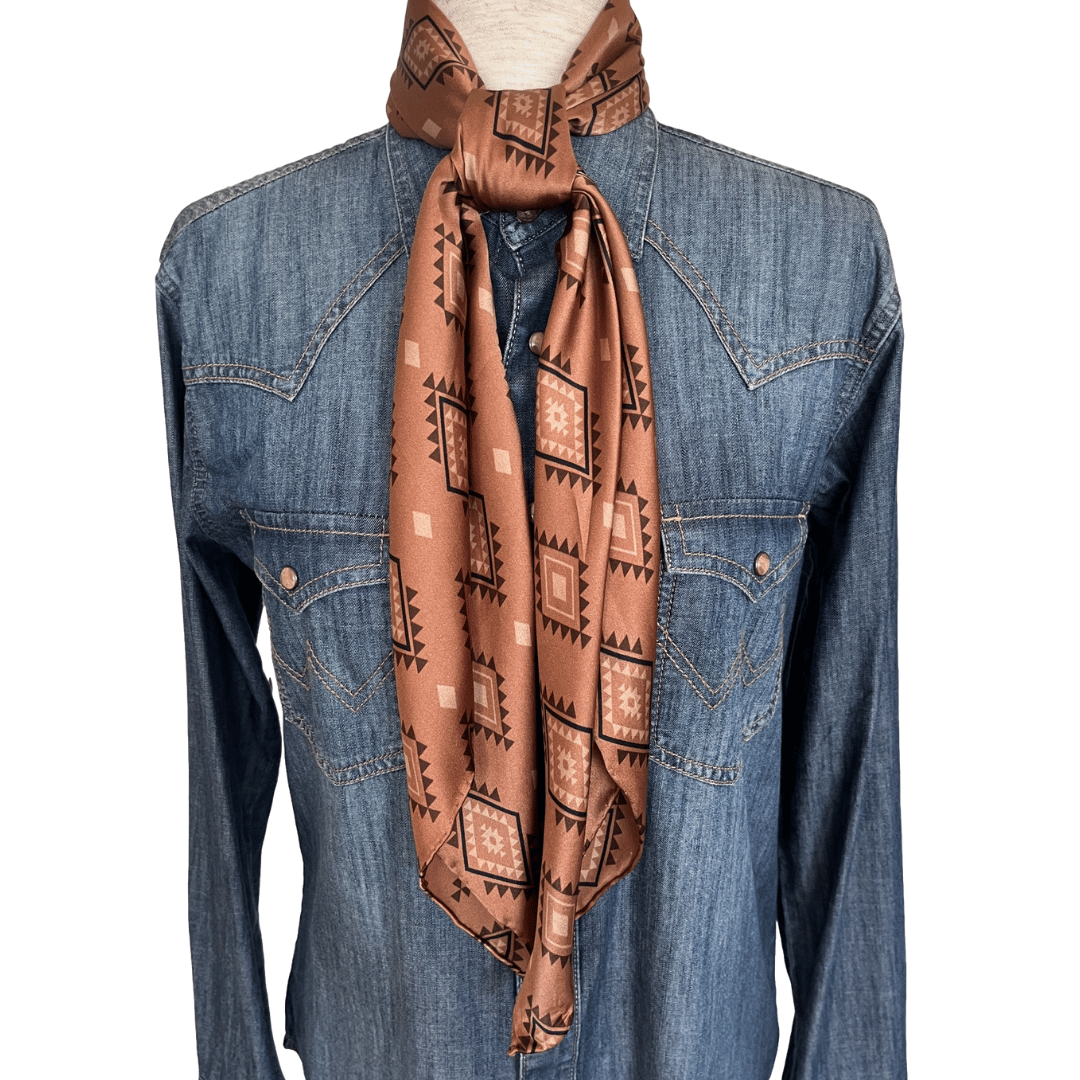 Silk Wild Rag Western Scarf brown aztec print tied in a square knot