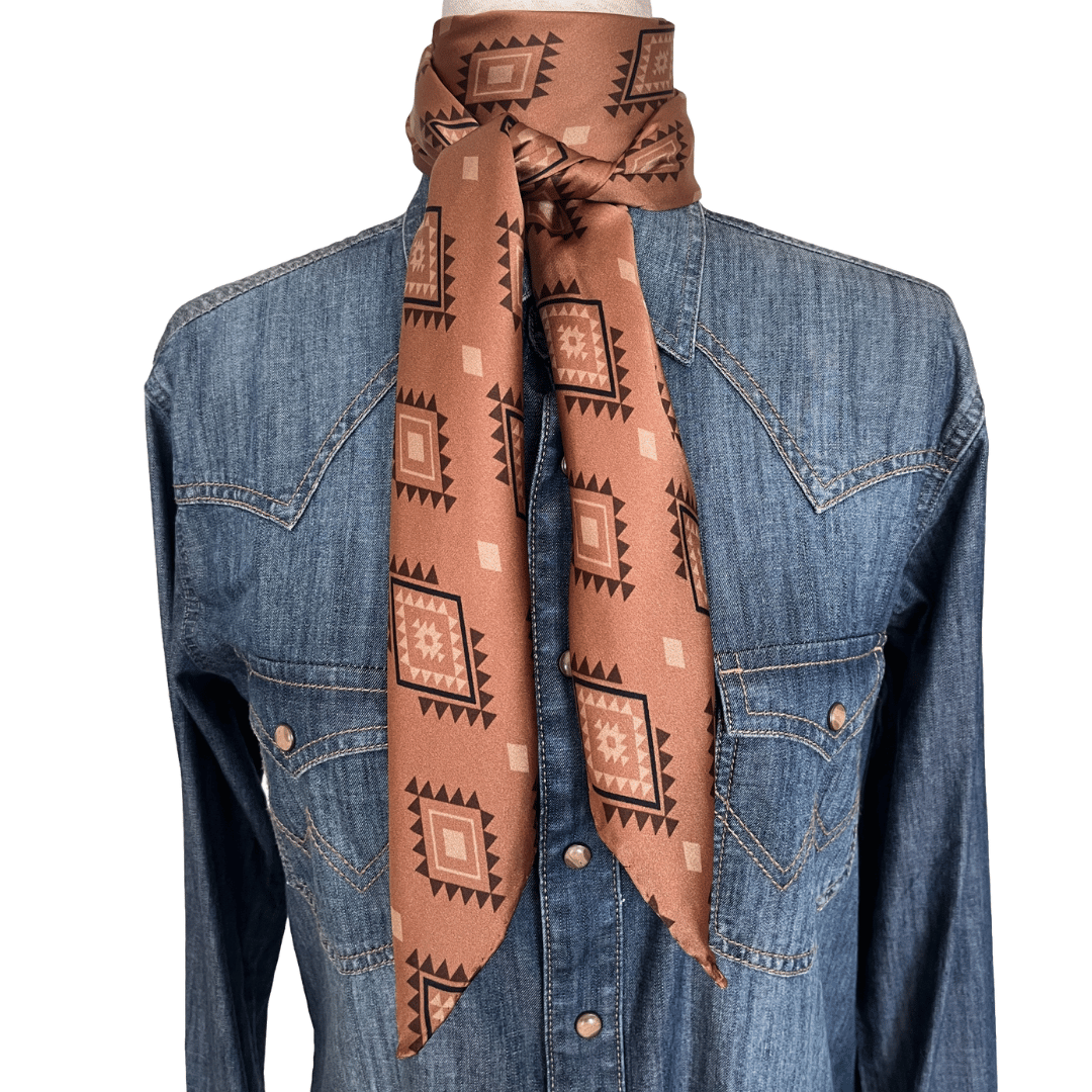 Silk Wild Rag Western Scarf brown aztec print tied in a wrap