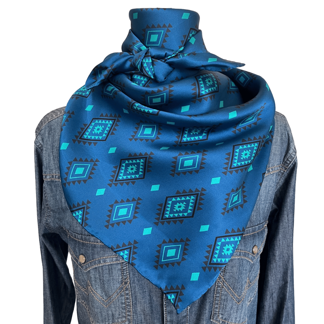 Blue Silk Wild Rag Western Scarf - Aztec print tied in a cowboy scarf