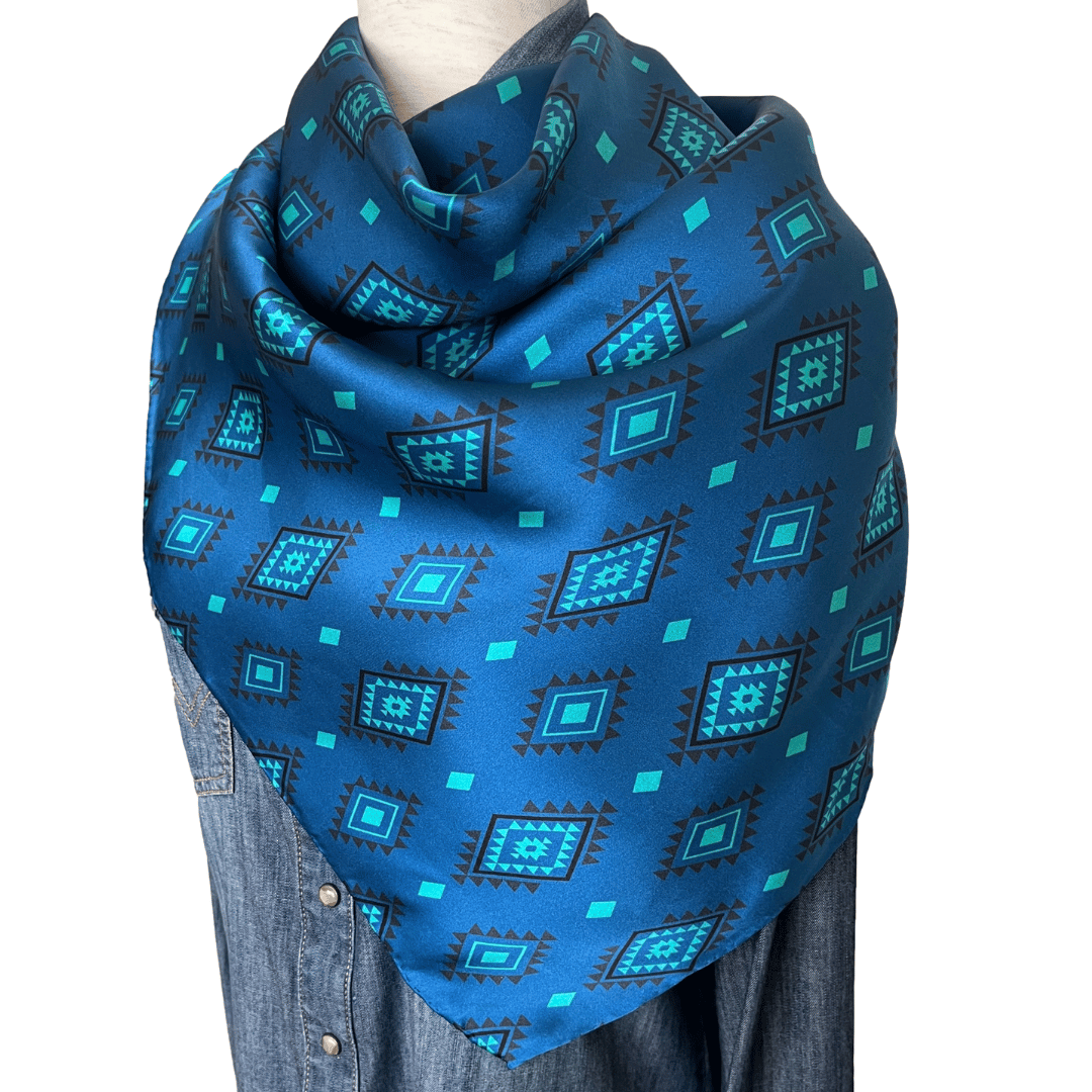 Blue Silk Wild Rag Western Scarf - Aztec print tied in a shoulder wrap