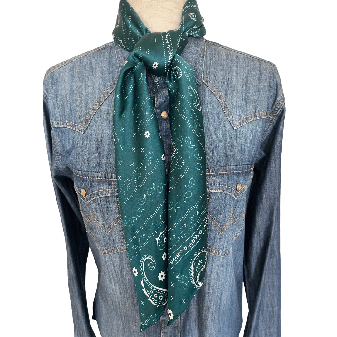 Forest Green Paisley Silk Wild Rag Western Scarf tied in a square knot.