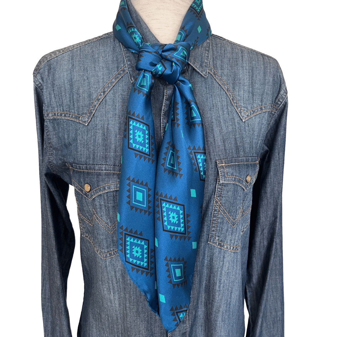 Blue Silk Wild Rag Western Scarf - Aztec print tied in a buckaroo knot
