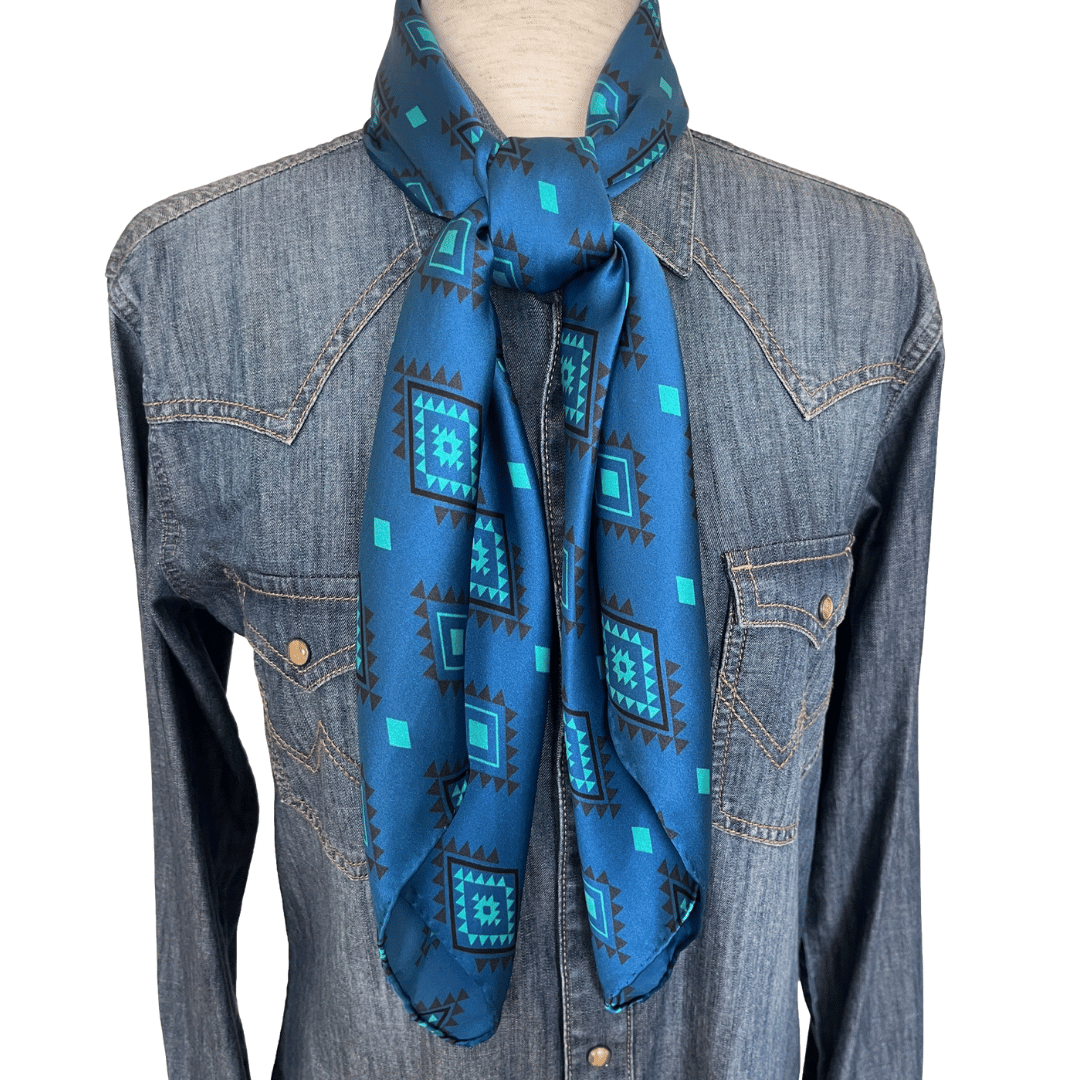 Blue Silk Wild Rag Western Scarf - Aztec print tied in a square knot