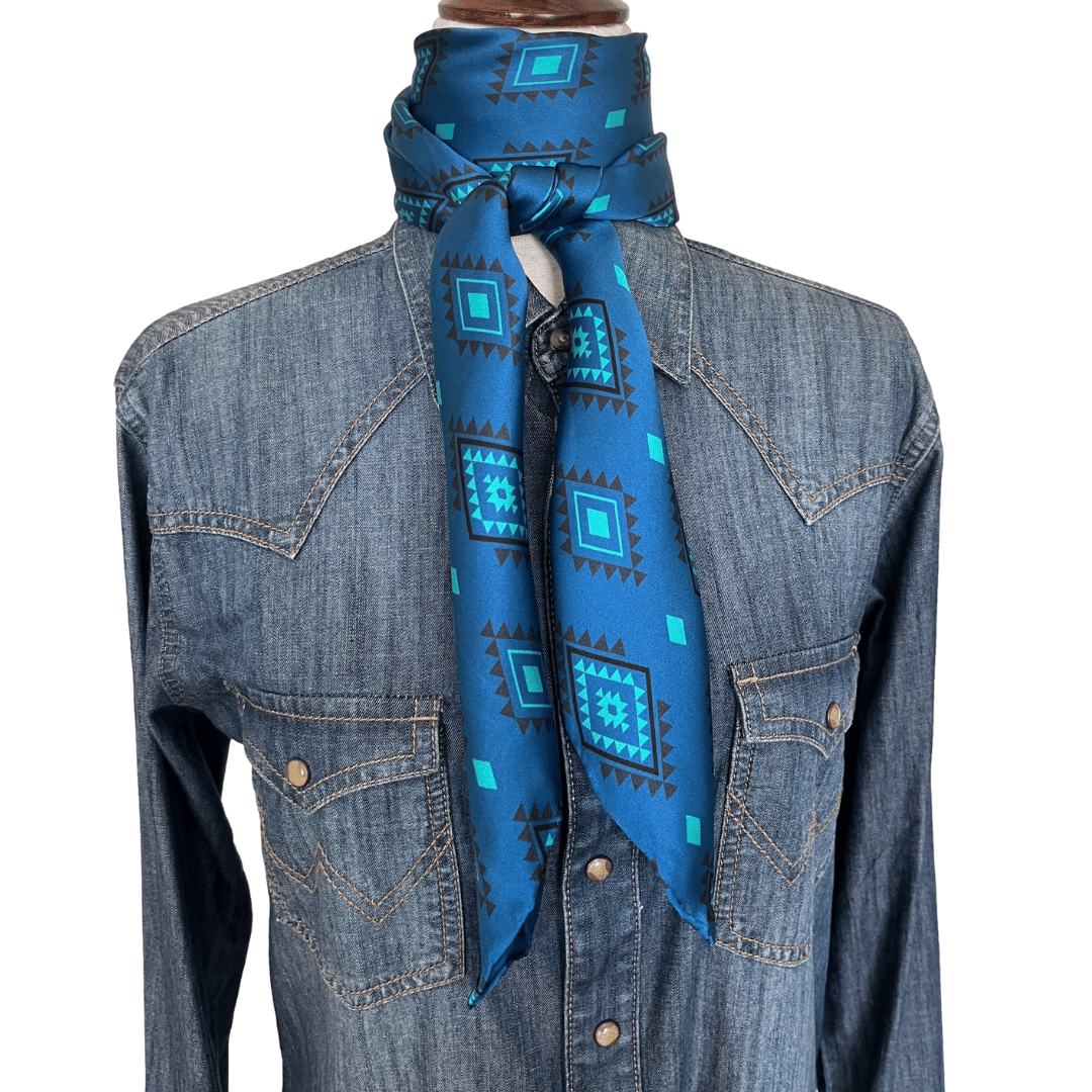 Blue Silk Wild Rag Western Scarf - Aztec print tied in a wrap