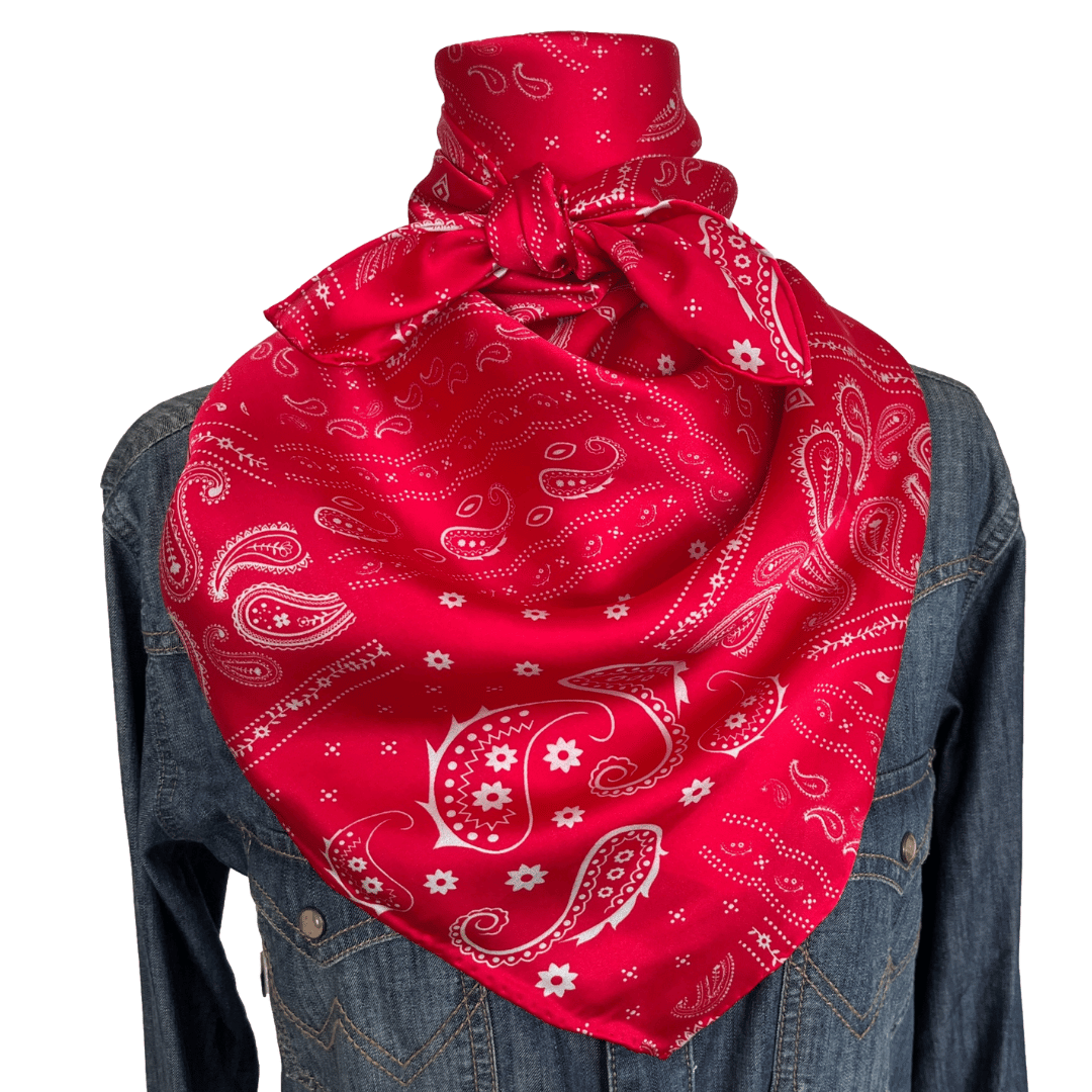 Soft Red Paisley Silk Wild Rag Western Scarf tied in a traditional cowboy scarf style