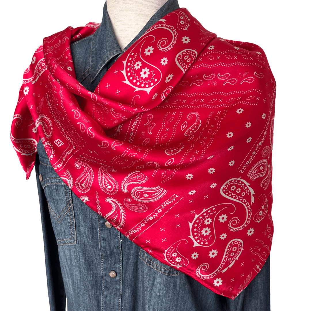 Soft Red Paisley Silk Wild Rag Western Scarf tied over the shoulders