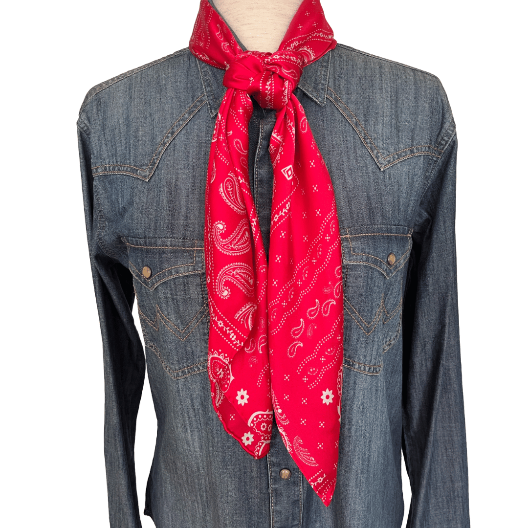 Soft Red Paisley Silk Wild Rag Western Scarf tied in a buckaroo knot