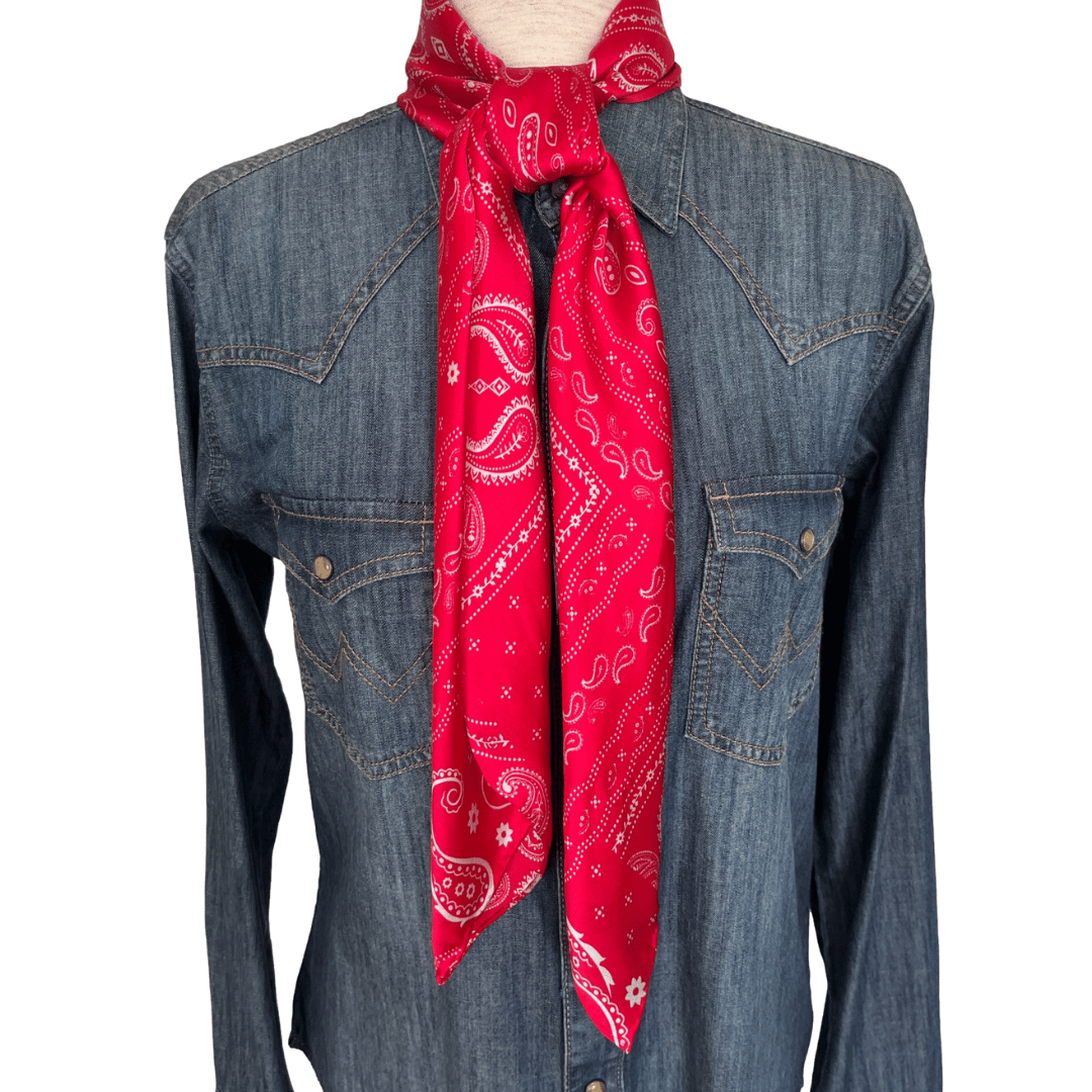 Soft Red Paisley Silk Wild Rag Western Scarf tied in a square knot