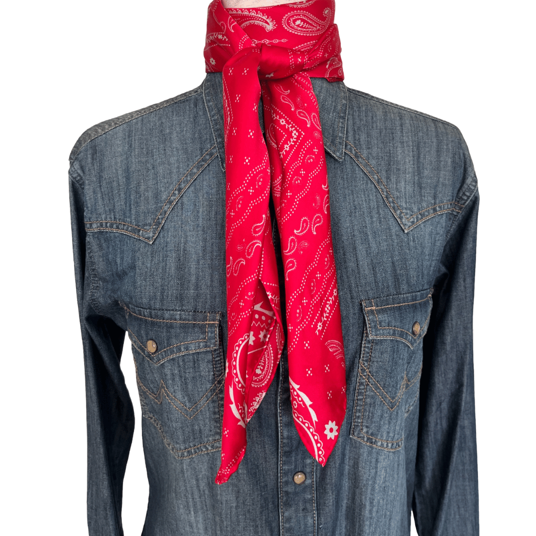 Soft Red Paisley Silk Wild Rag Western Scarf tied in a wrap