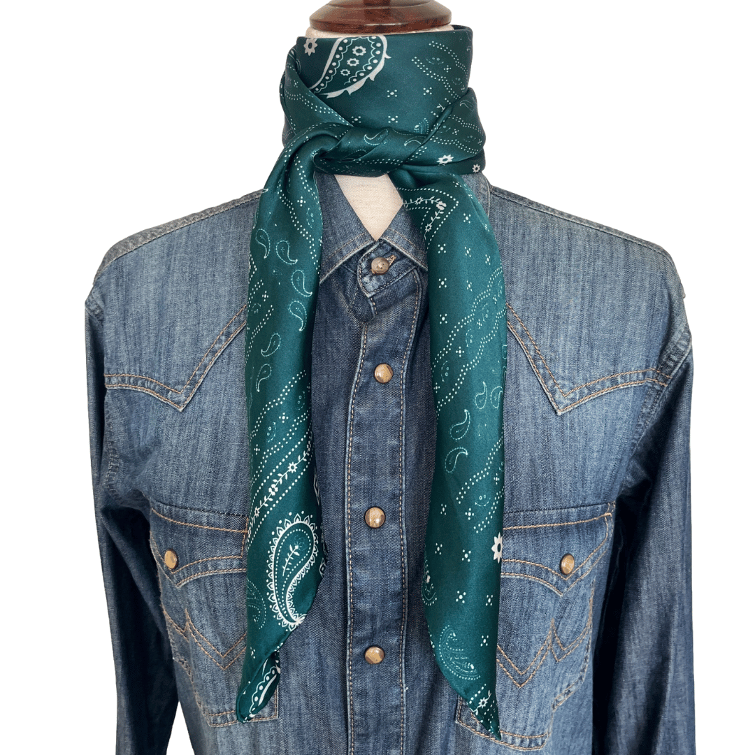Forest Green Paisley Silk Wild Rag Western Scarf tied in a wrap