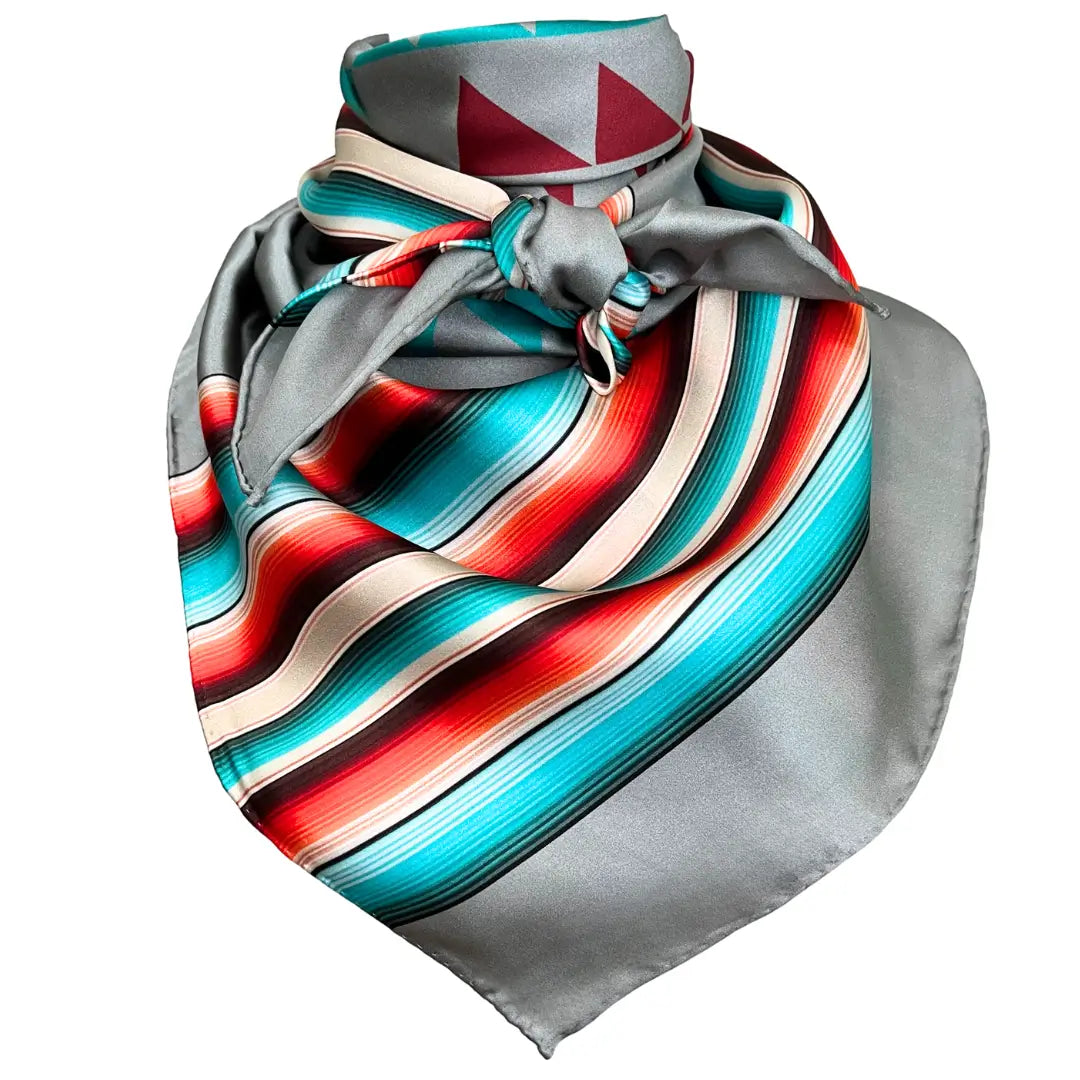 Cowtown Wild Rags gray serape silk scarf with turquoise, maroon, and coral.