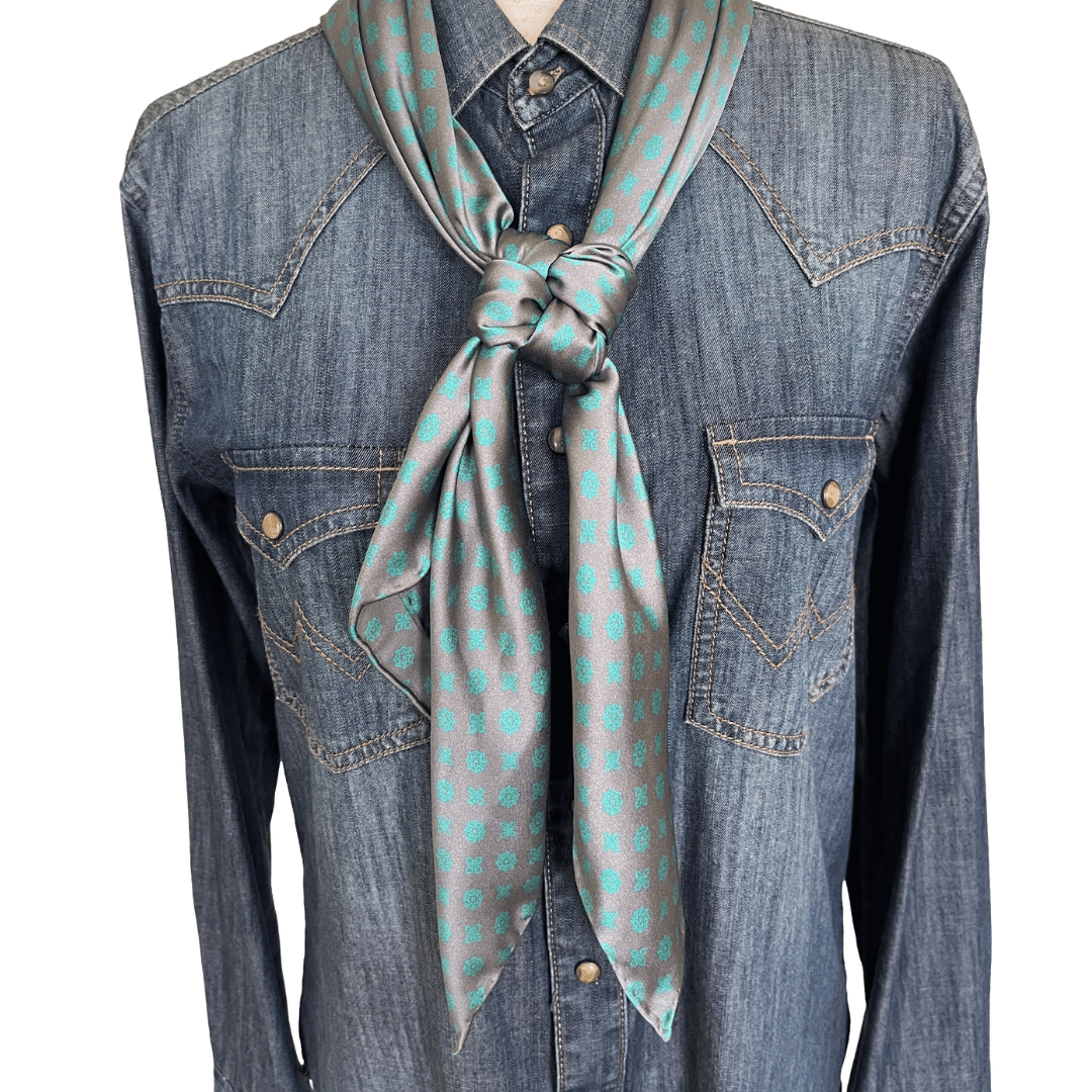 Gray silk wild rag scarf with turquoise