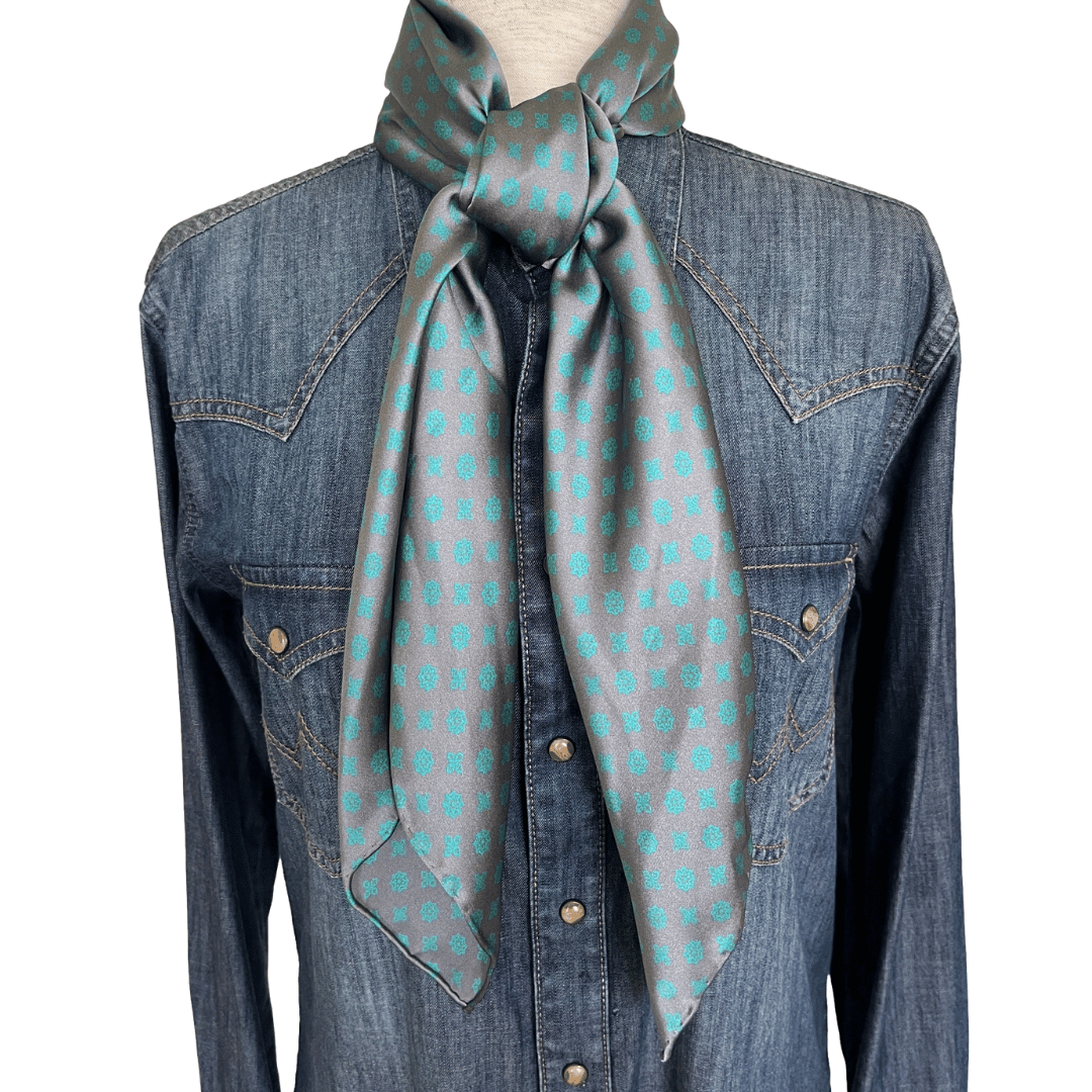 Gray silk wild rag scarf with turquoise