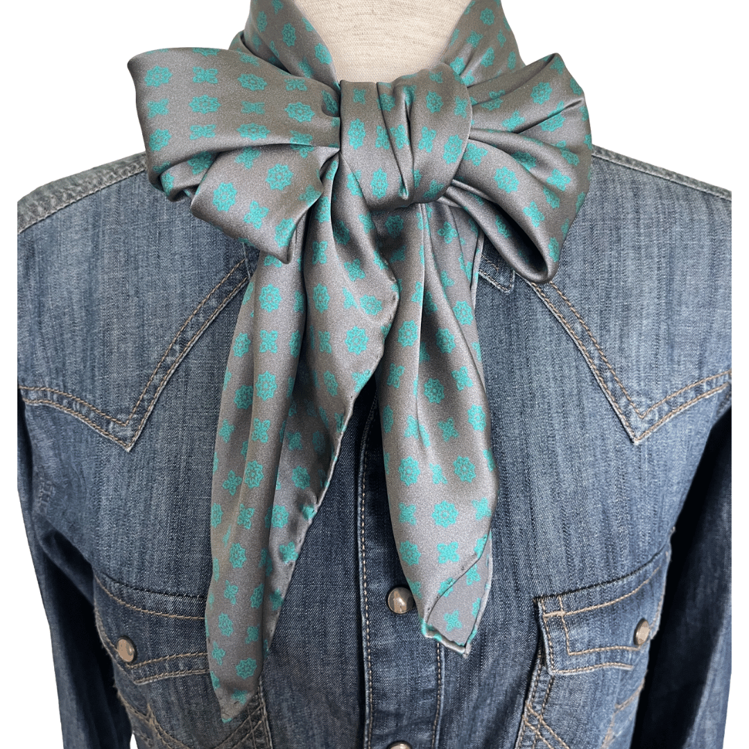 Gray silk wild rag scarf with turquoise