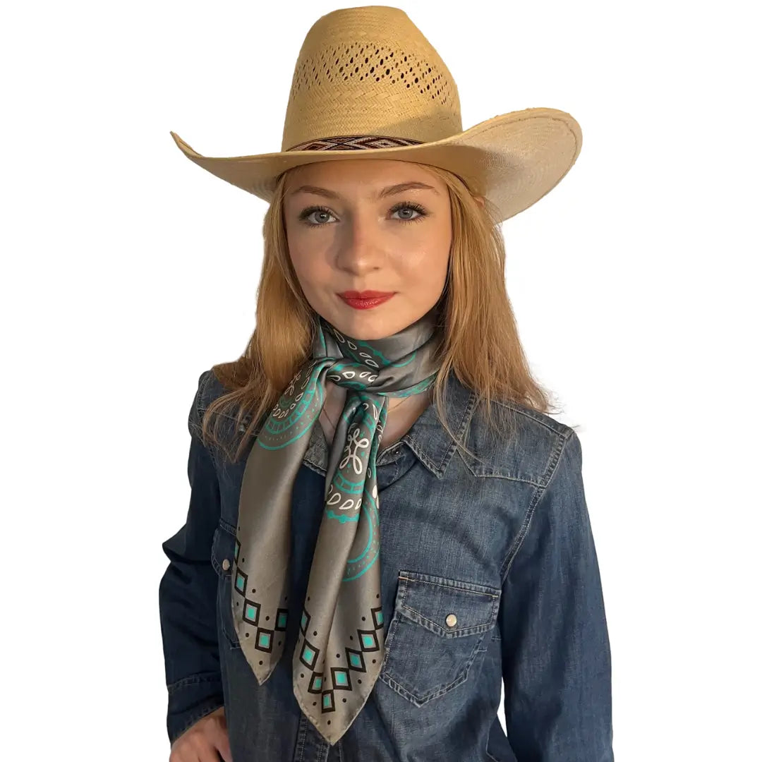 Cowtown Wild Rags Paisley Gray with Turquoise - Silk Scarf for Men and Women - Model wearing the silk scarf