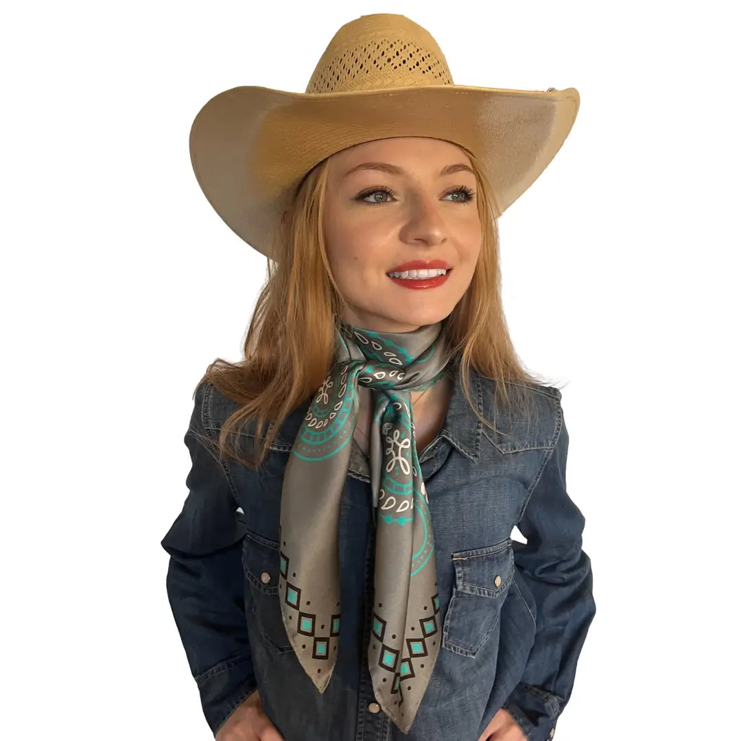 Cowtown Wild Rags Paisley Gray with Turquoise - Silk Scarf for Men and Women - Model wearing the silk scarf