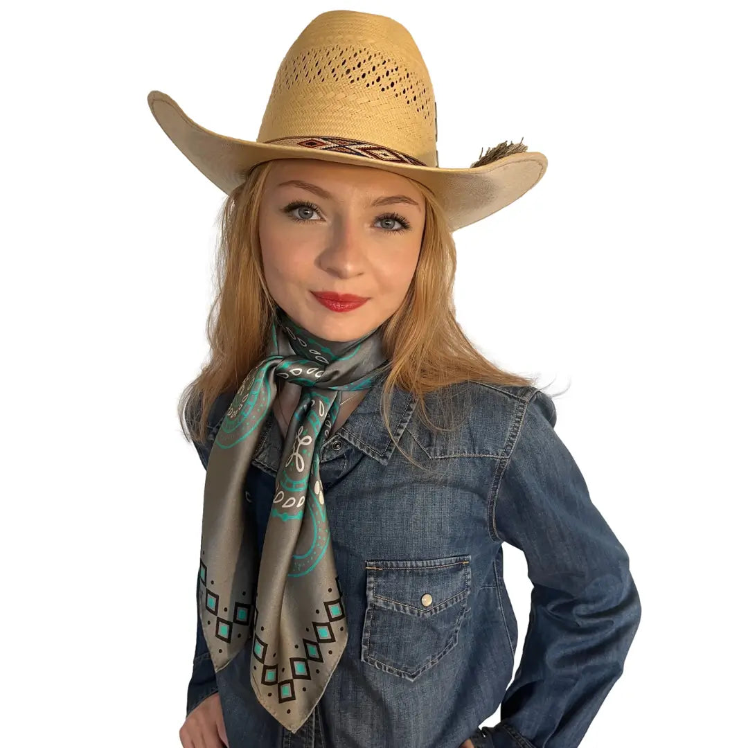 Cowtown Wild Rags Paisley Gray with Turquoise - Silk Scarf for Men and Women - Model wearing the silk scarf