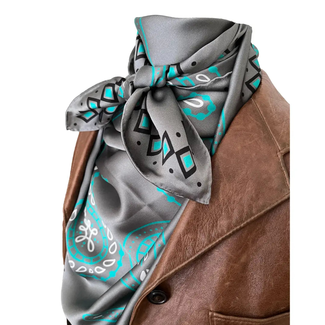 Cowtown Wild Rags Paisley Gray with Turquoise - Silk Scarf for Men and Women 