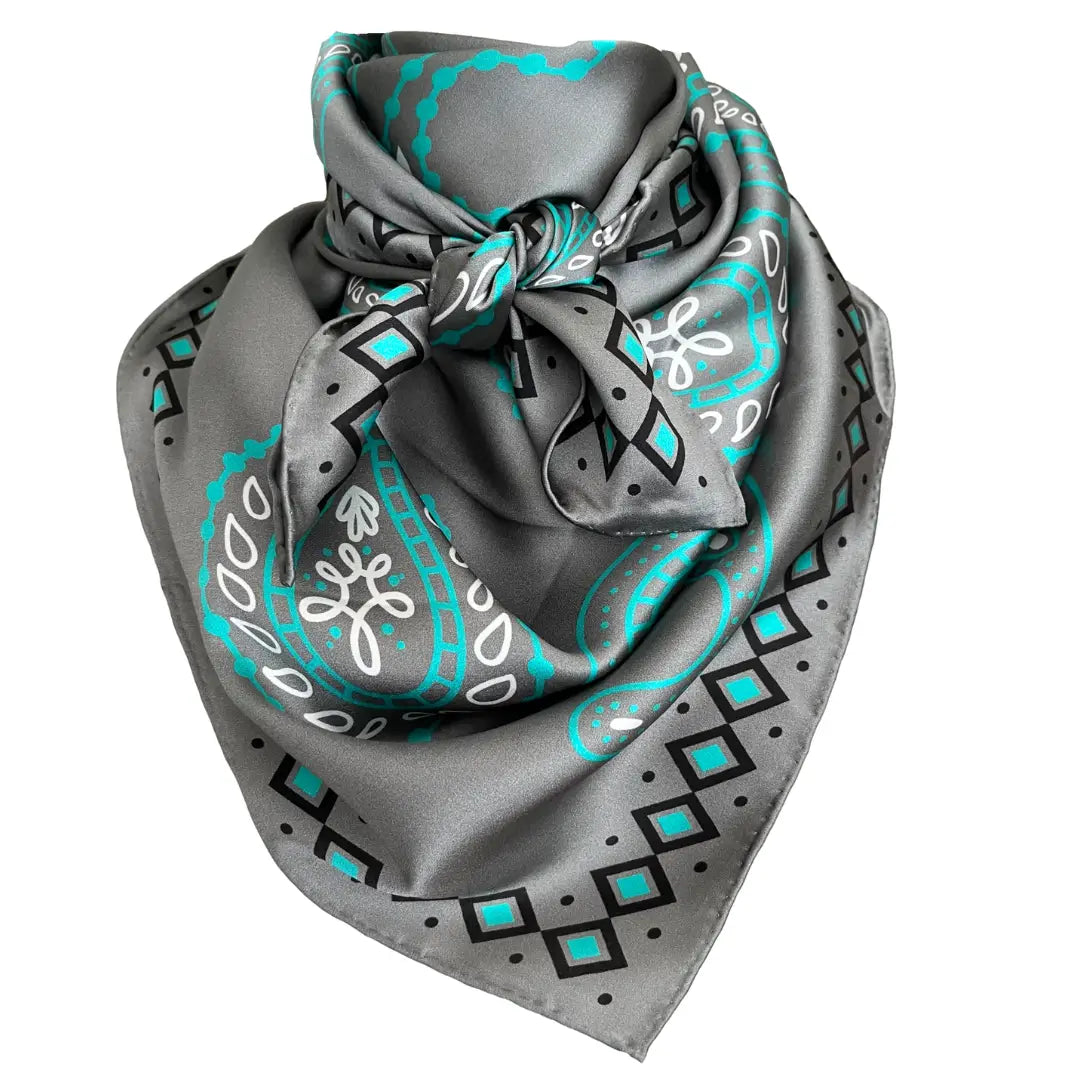 Gray Bandana - Cowtown Wild Rags Paisley Gray with Turquoise - Silk Scarf for Men and Women