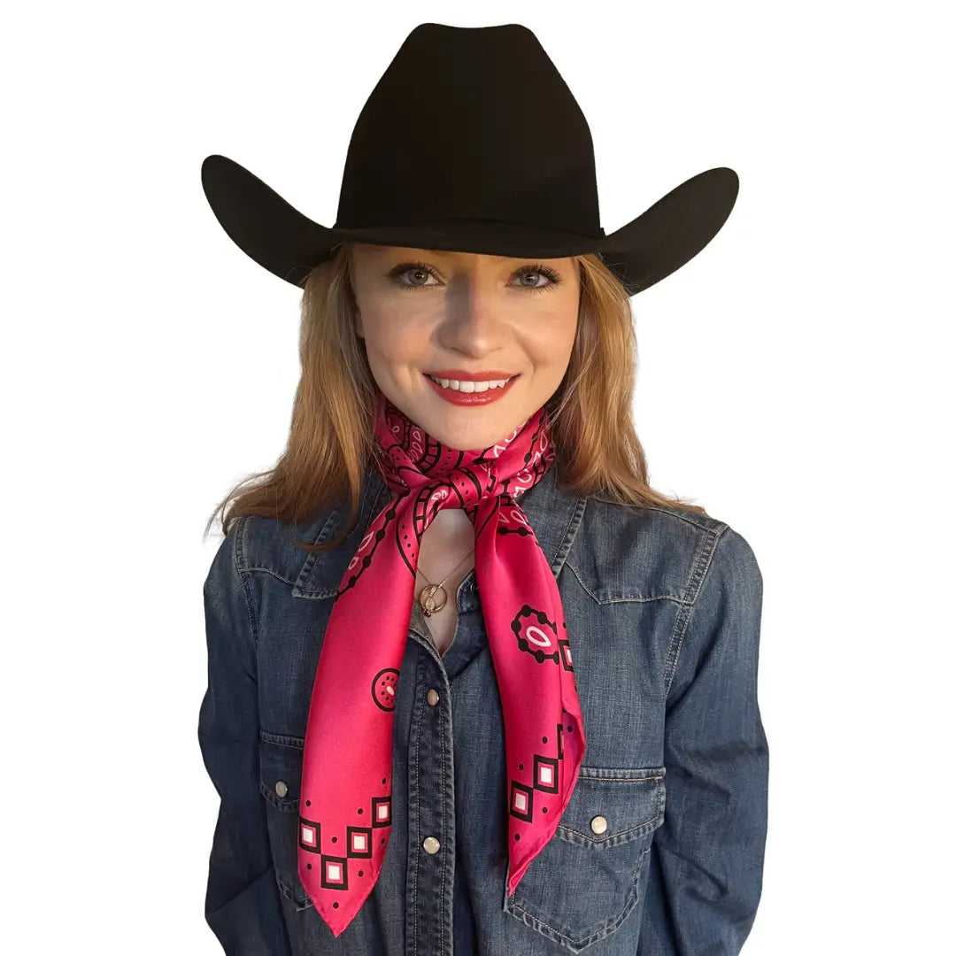 Cowtown Wild Rags Hot Pink Paisley Silk Scarf for Men and Women - Cowboy Western Bandana Scarves - Model wearing the silk scarf