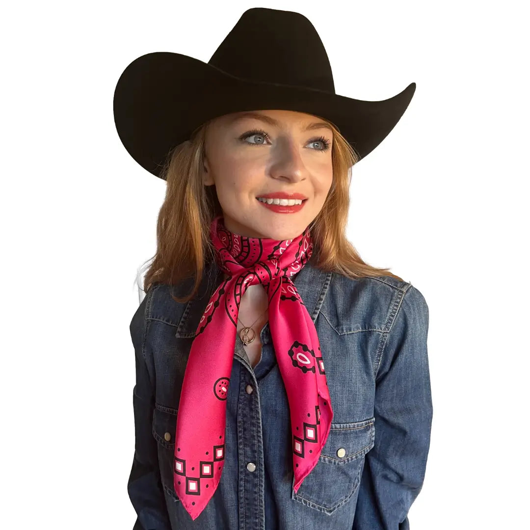 Cowtown Wild Rags Hot Pink Paisley Silk Scarf for Men and Women - Cowboy Western Bandana Scarves - Model wearing the silk scarf