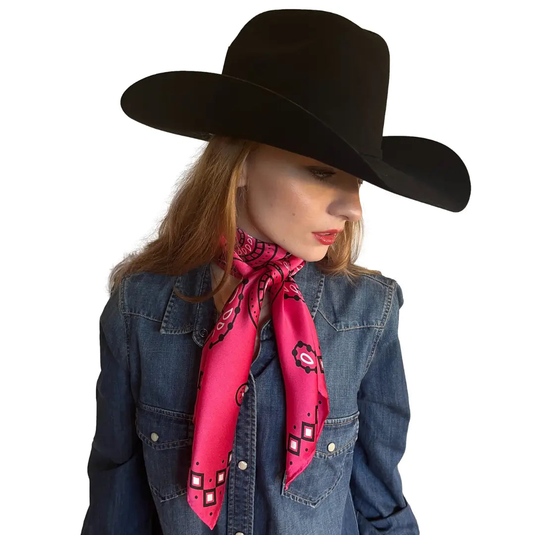 Cowtown Wild Rags Hot Pink Paisley Silk Scarf for Men and Women - Cowboy Western Bandana Scarves - Model wearing the silk scarf