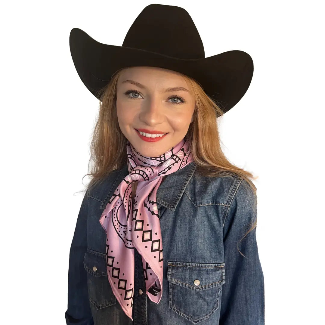 Cowtown Wild Rags Lilac Paisley Silk Scarf for Men and Women - Cowboy Western Bandana Scarves - Model wearing the silk scarf