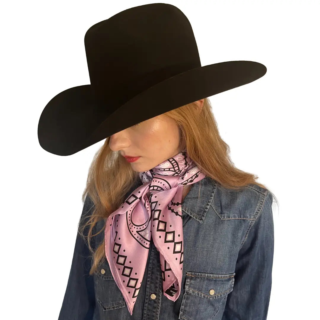 Cowtown Wild Rags Lilac Paisley Silk Scarf for Men and Women - Cowboy Western Bandana Scarves - Model wearing the silk scarf