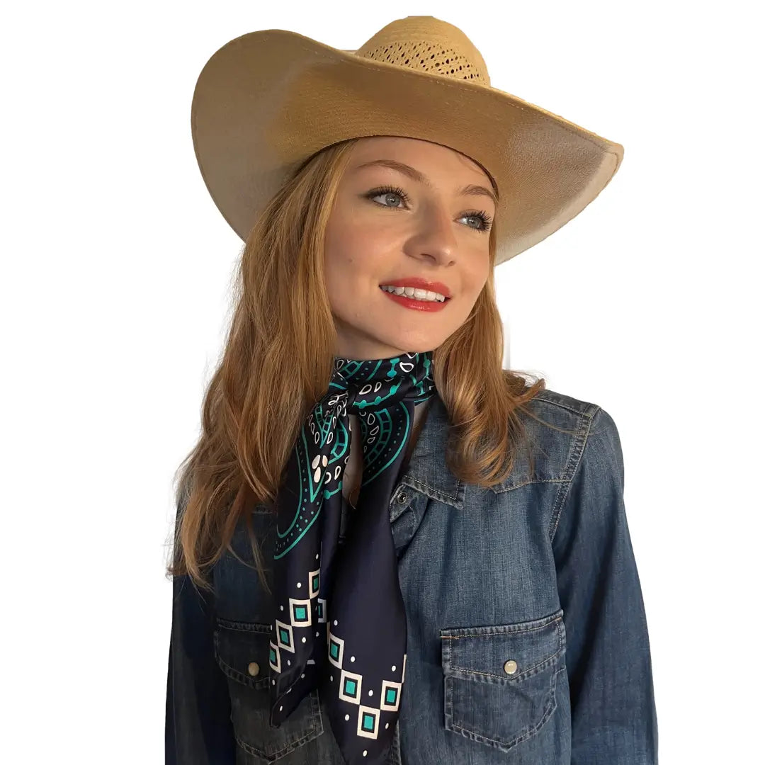 Cowtown Wild Rags Navy Blue Paisley Silk Scarf for Men and Women - Cowboy Western Bandana Scarves - Model wearing the navy blue silk scarf with turquoise paisleys.