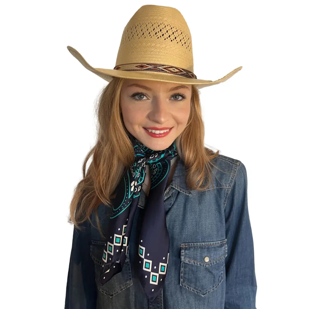 Cowtown Wild Rags Navy Blue Paisley Silk Scarf for Men and Women - Cowboy Western Bandana Scarves - Model wearing the navy blue silk scarf with turquoise paisleys.