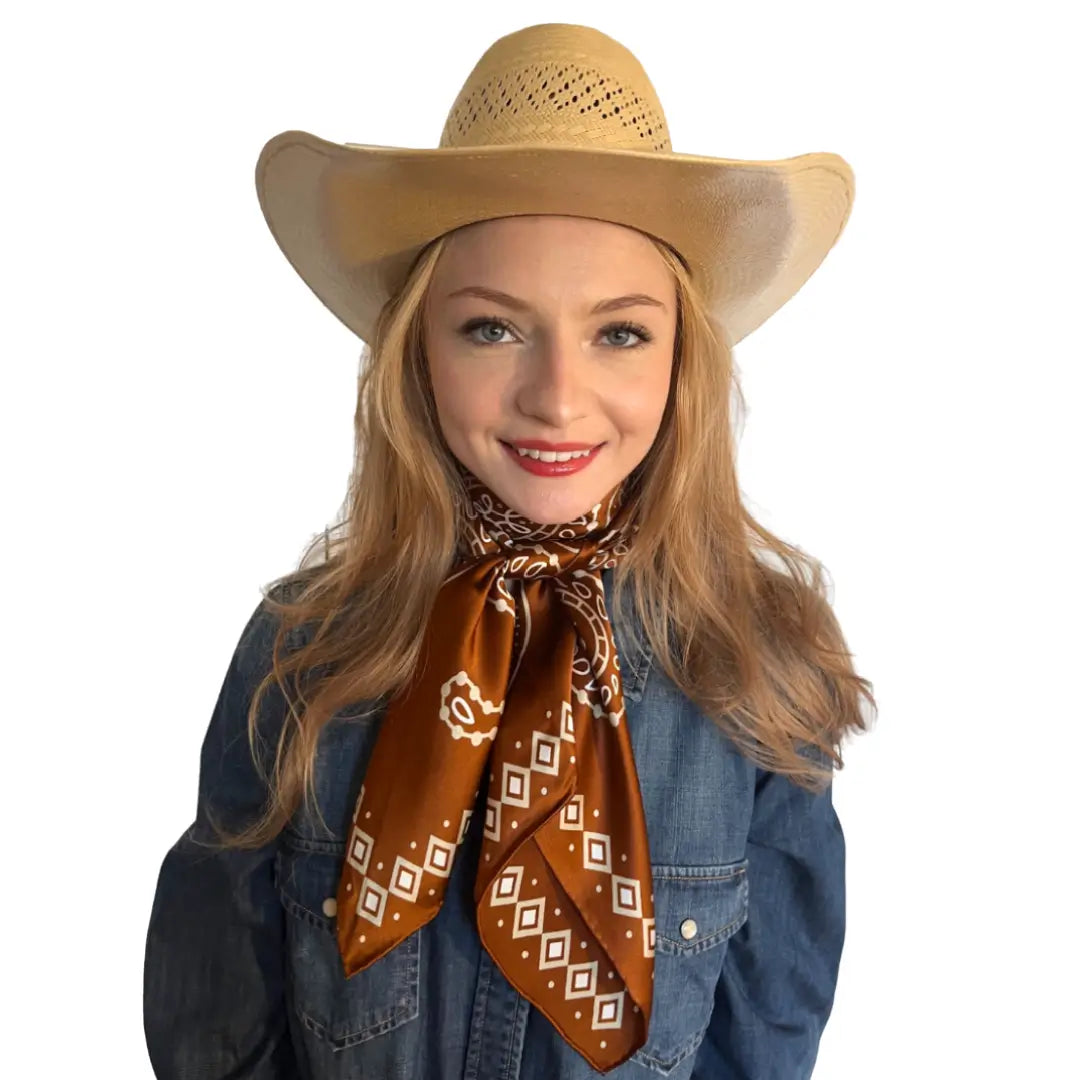 Cowtown Wild Rags Light Tan Paisley on Sienna Silk Scarf for Men and Women - Cowboy Western Bandana Scarves - Model wearing the sienna silk scarf.