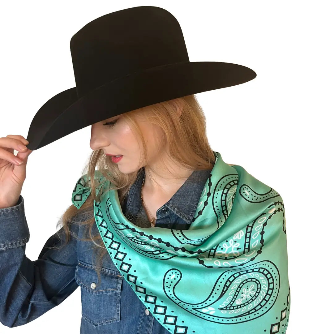 Cowtown Wild Rags Paisley on Light Turquoise Silk Scarf for Men and Women - Cowboy Western Bandana Scarves - Model wearing the light turquoise silk paisley scarf.