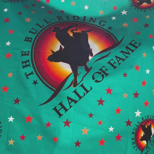 Video of Bull Riding Hall of Fame 100% cotton turquoise bandana with logo and stars.