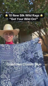 blue paisley silk wild rags - Cowtown Classic Blue shown out in the sunshine - double sided print
