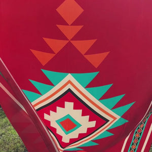 Video of Red Aztec silk scarf with large print of cream, red, turquoise and adobe and orange.