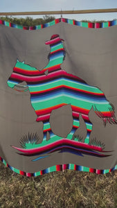 Video of Cowtown Wild Rags Aztec silk scarf with gray and a serape design of a cowgirl and horse.