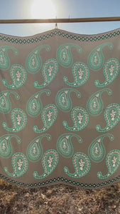 Cowtown Wild Rags Paisley Gray with Turquoise - Video showing the gray silk scarf with turquoise paisleys.