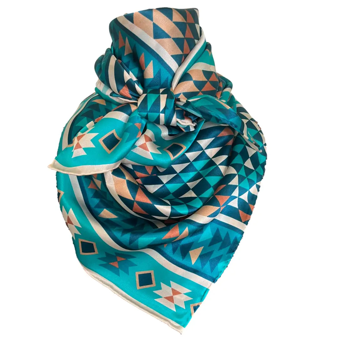 Aztec wild rag turquoise silk scarf