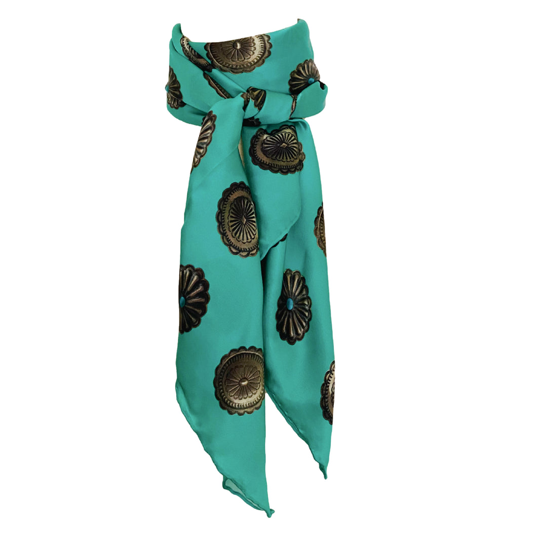 Cowtown Wild Rags - Cowboy Silk Scarves - Silver Concho - Turquoise Scarf